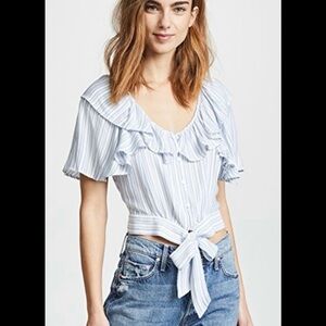 Free People Blue and White Striped Ruffle Blouse